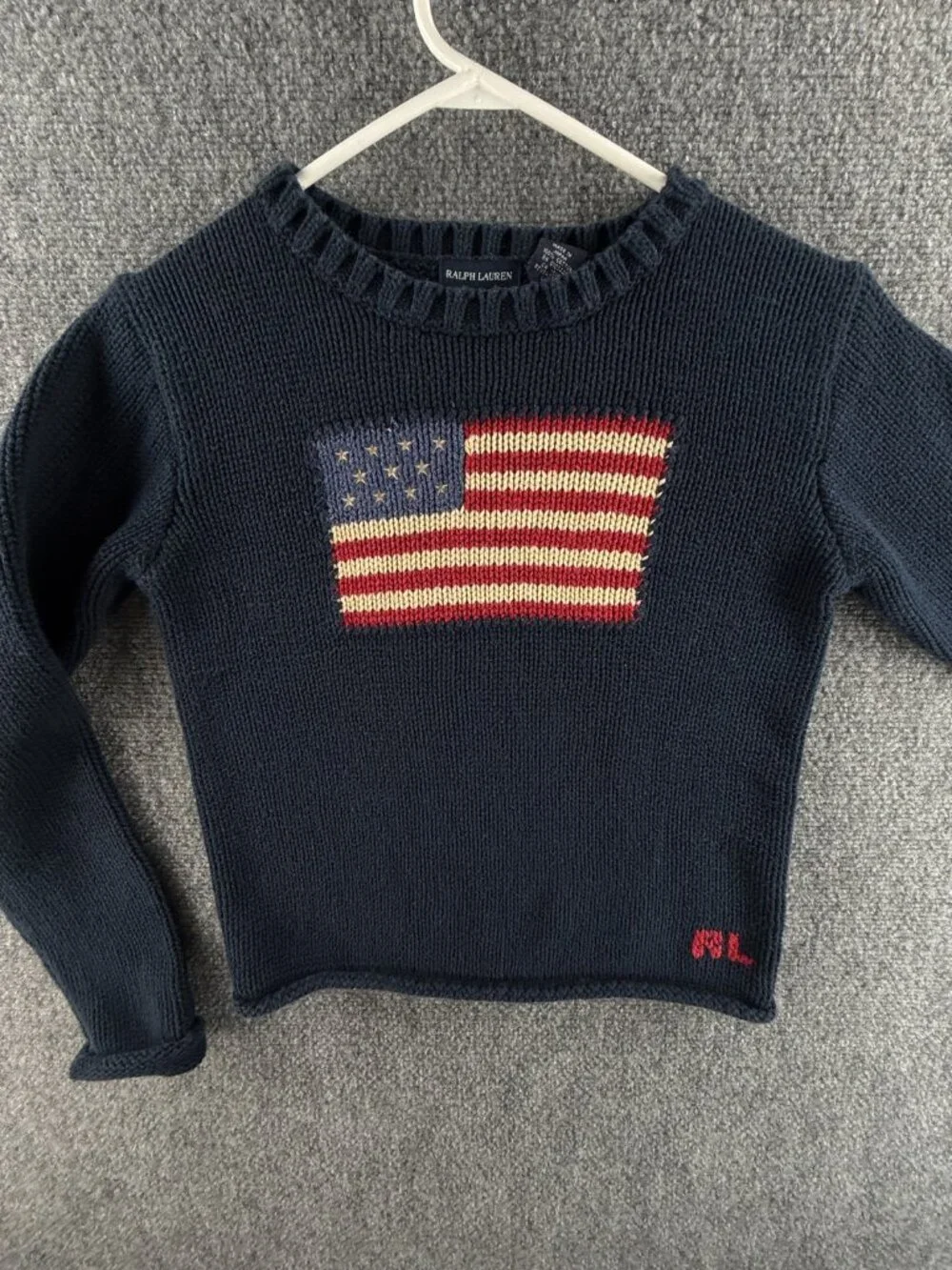 Ralph Lauren Boys Flag Sweater USA Large Cotton Japan Made Navy Blue Crew Neck